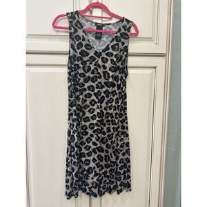Premise Womens Gray Leopard Print Sleeveless V-Neck A-Line Knit Dress Large